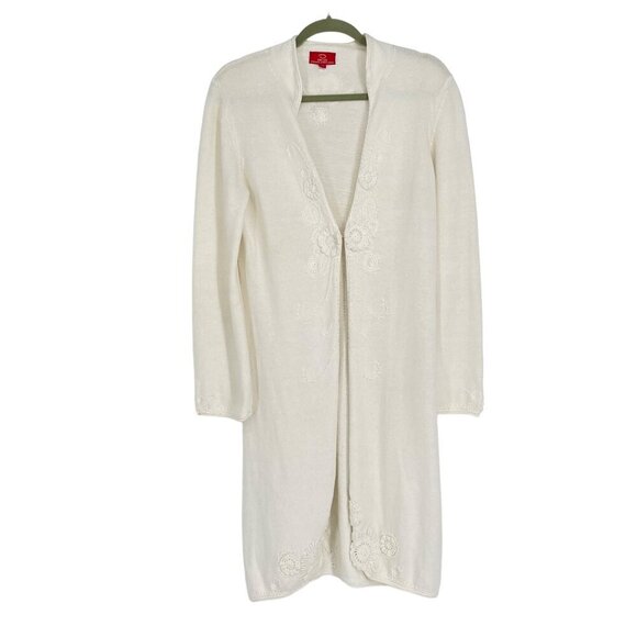 Oscar De‎ LA Renta White Embroidered Long LIne Cardigan Sweater SIze M - Picture 1 of 11